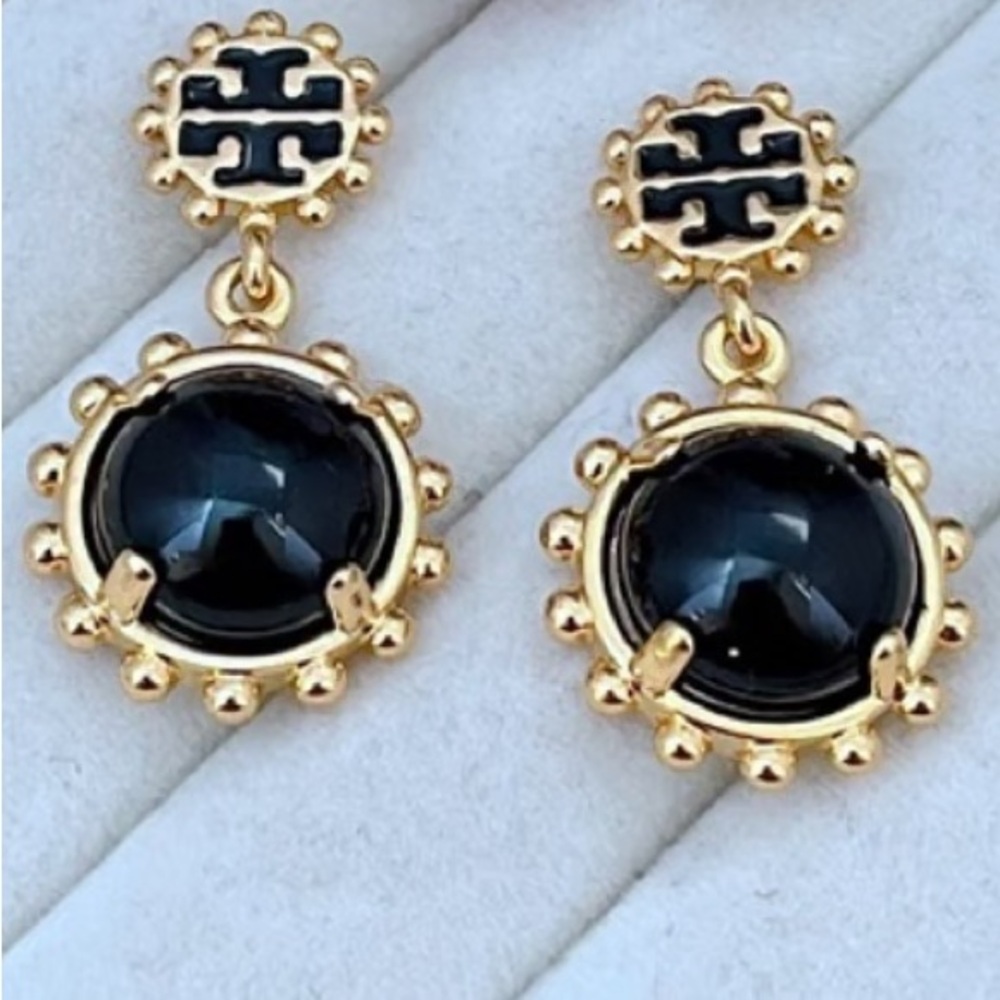 TORY BURCH WINSLOW BLACK + GOLD DROP EARRINGS - Picture 4 of 10